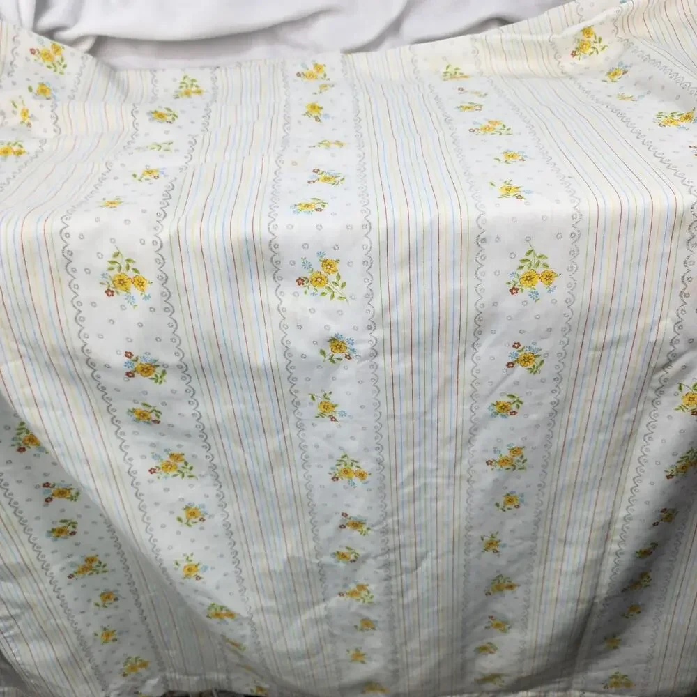 Vintage Thomaston New Era Full Flat Sheet Floral Striped USA No-Iron Cottagecore
